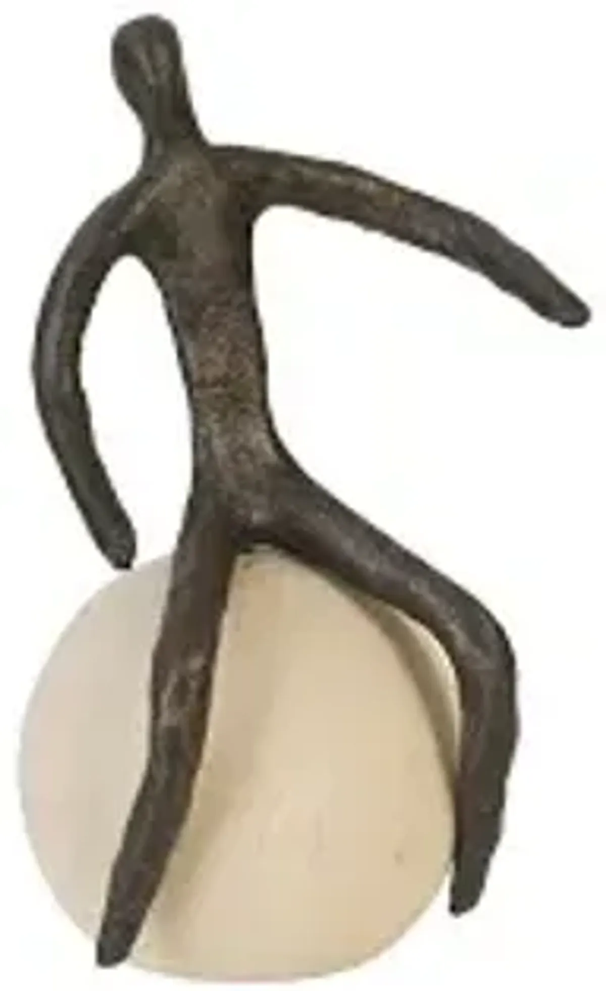 abstract figure on bleached wood base, bronze finish, left arm down