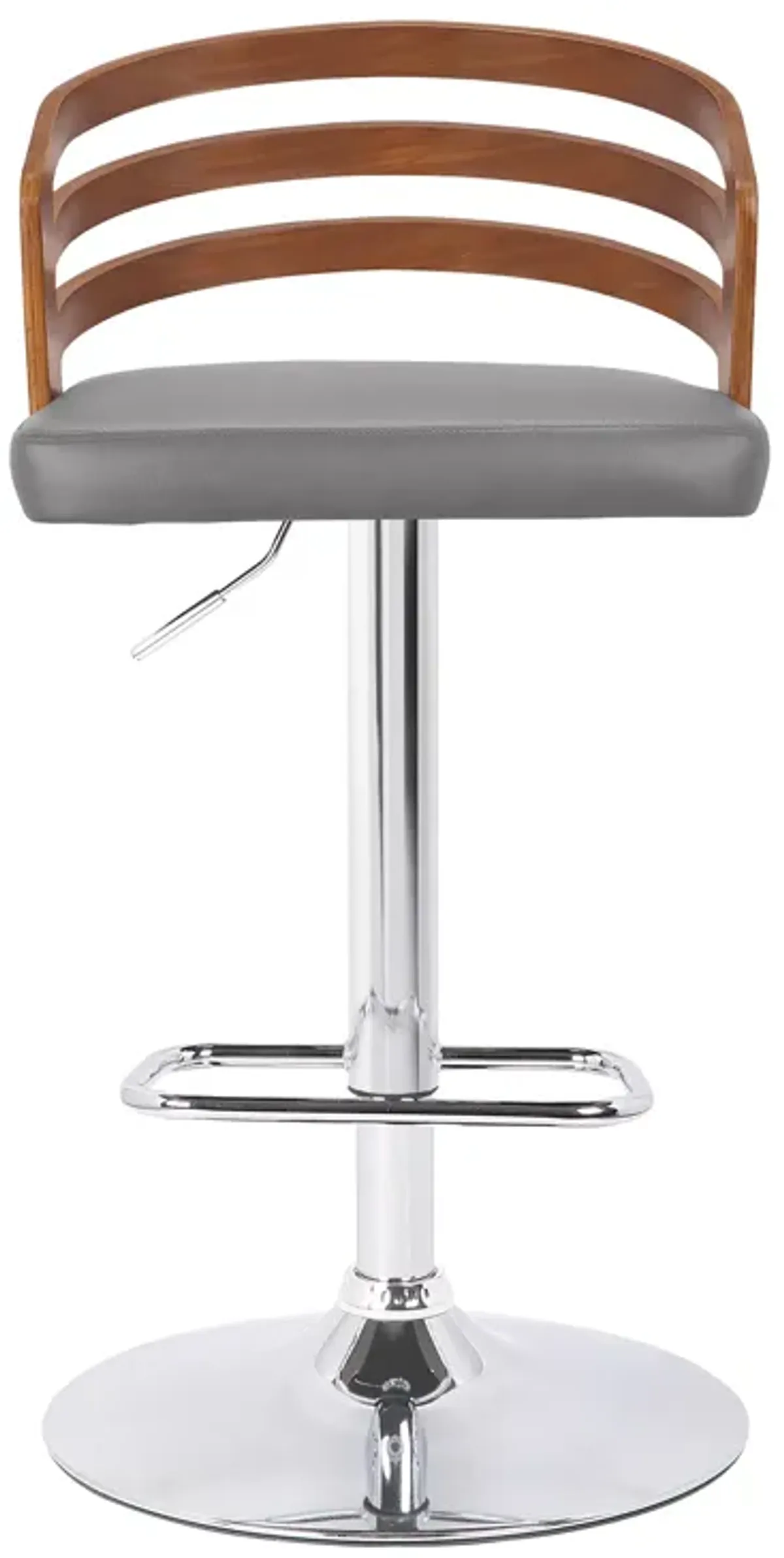 Adele Adjustable Height Swivel Grey Faux Leather and Walnut Wood Bar Stool with Chrome Base