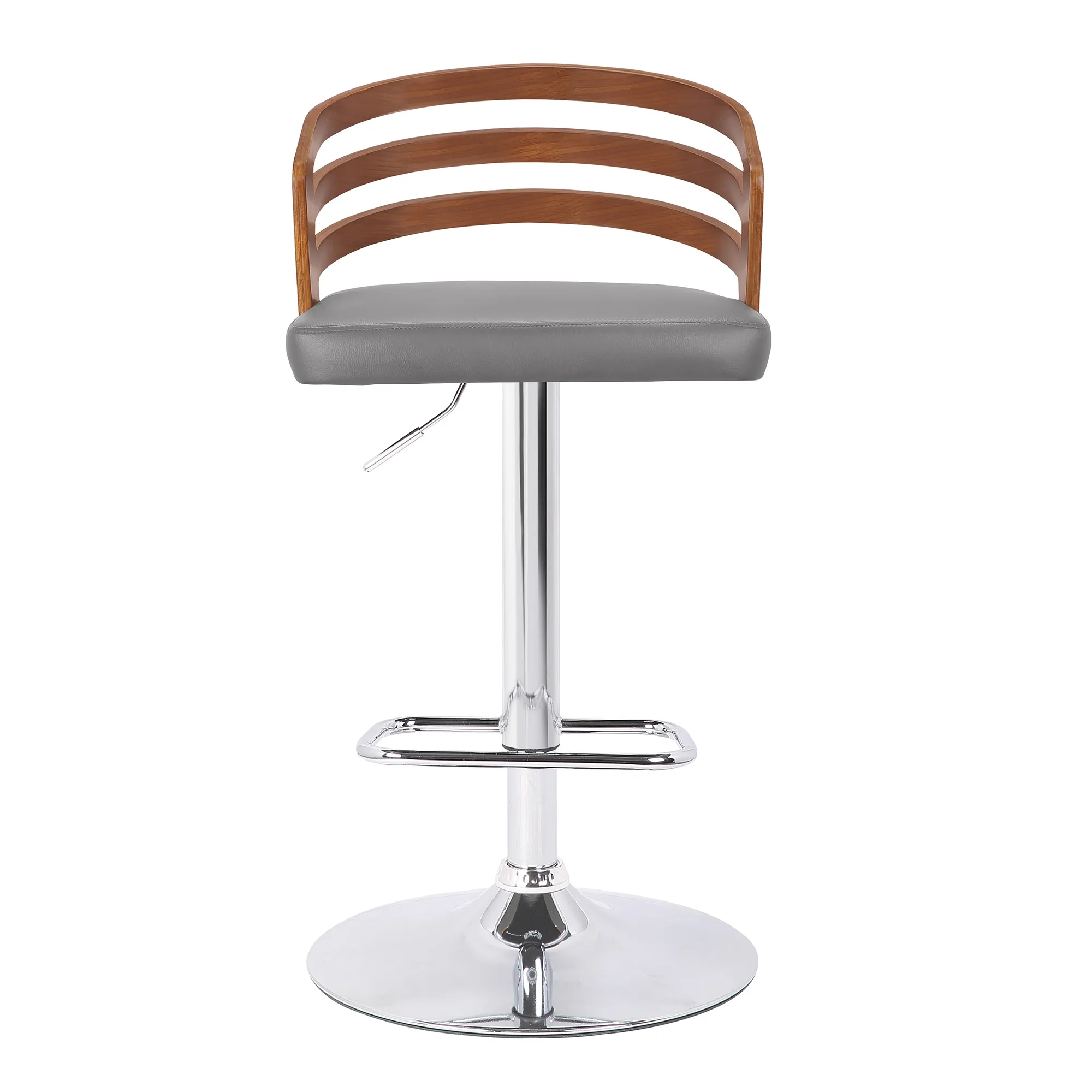 Adele Adjustable Height Swivel Grey Faux Leather and Walnut Wood Bar Stool with Chrome Base