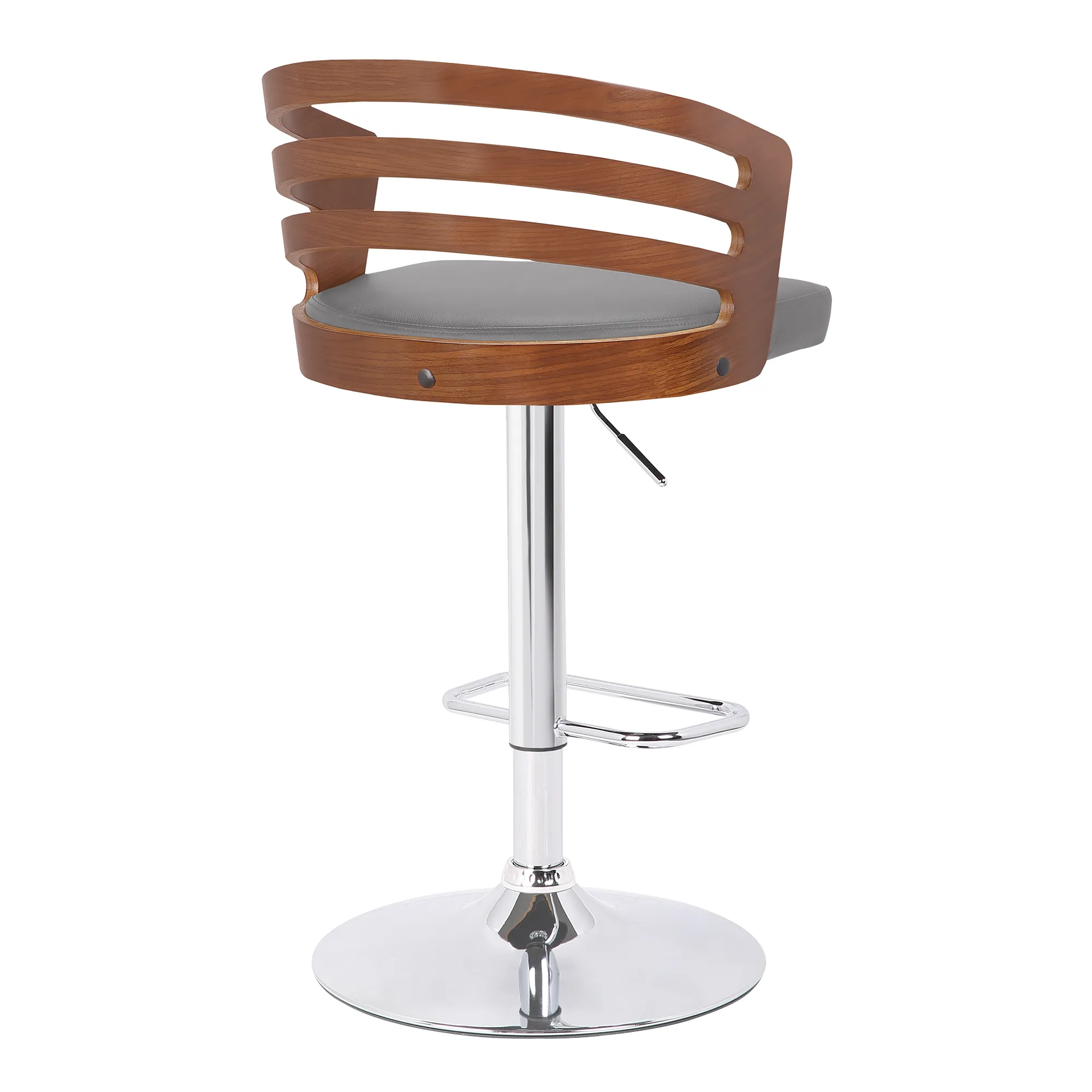 Adele Adjustable Height Swivel Grey Faux Leather and Walnut Wood Bar Stool with Chrome Base