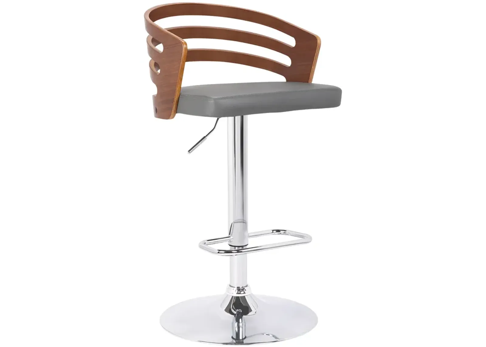 Adele Adjustable Height Swivel Grey Faux Leather and Walnut Wood Bar Stool with Chrome Base