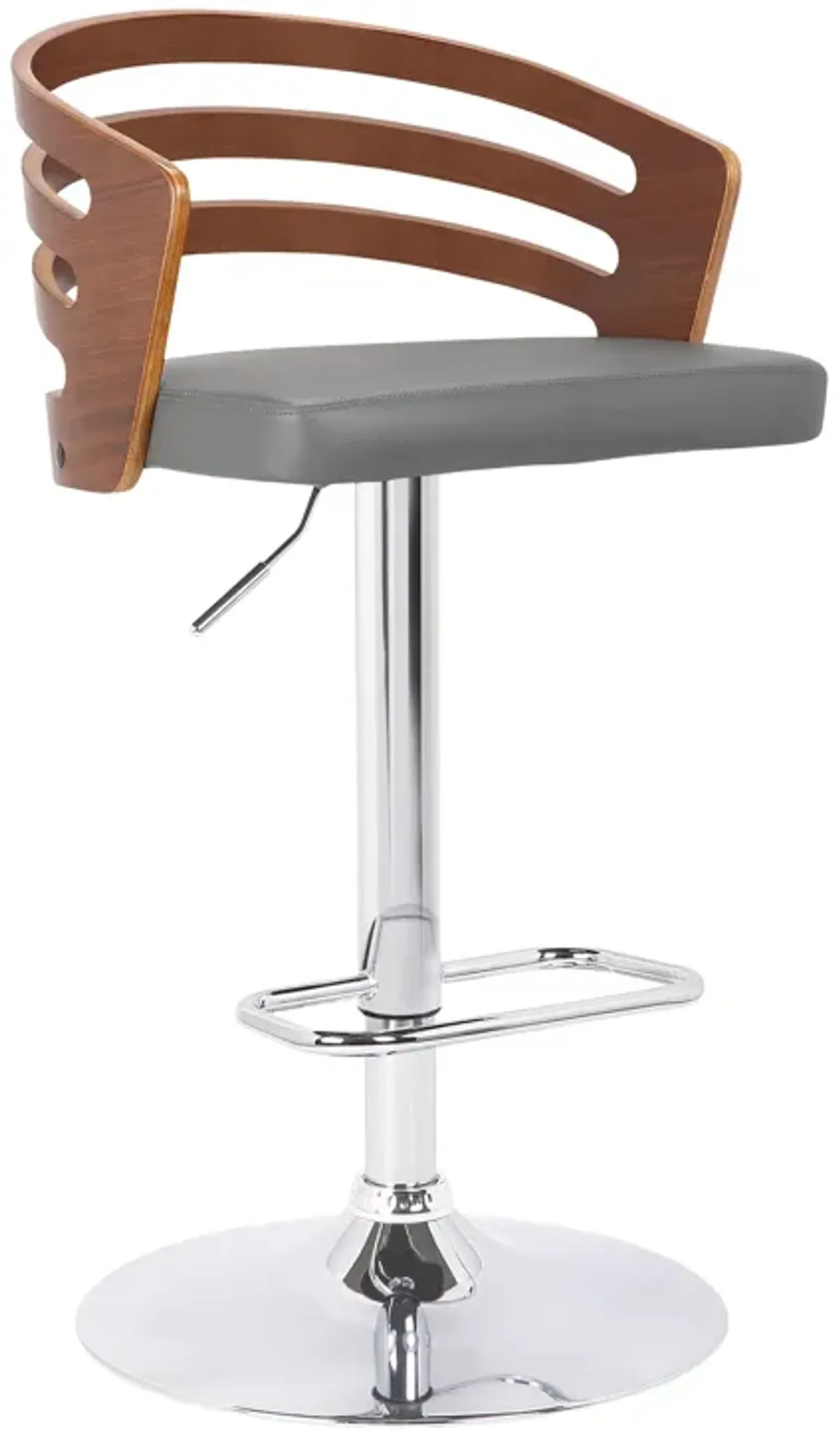 Adele Adjustable Height Swivel Grey Faux Leather and Walnut Wood Bar Stool with Chrome Base