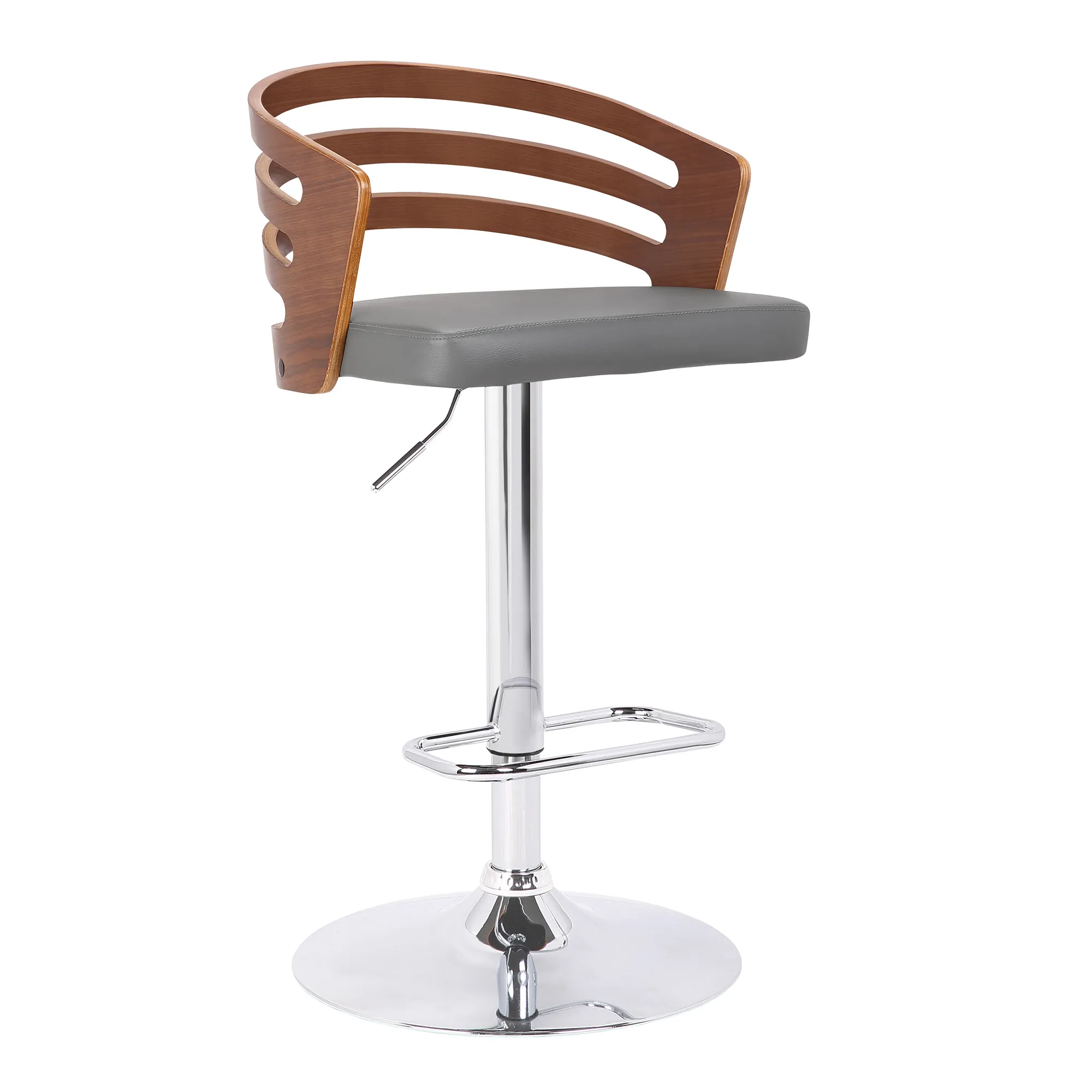 Adele Adjustable Height Swivel Grey Faux Leather and Walnut Wood Bar Stool with Chrome Base