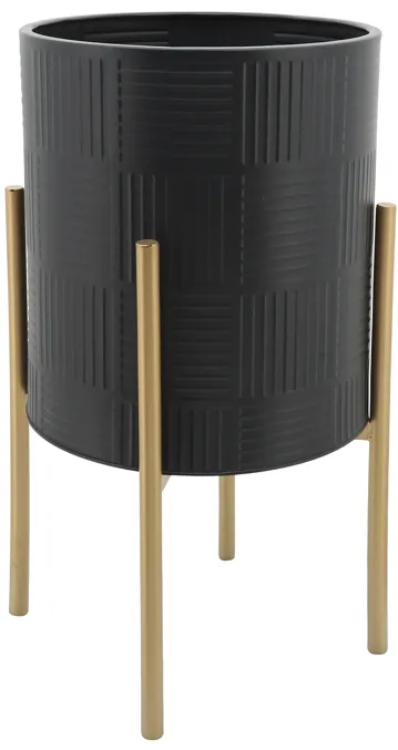 S/2 Planter W/ Lines On Metal Stand, Black/gold