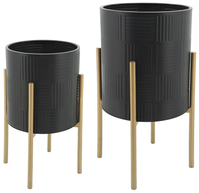 S/2 Planter W/ Lines On Metal Stand, Black/gold