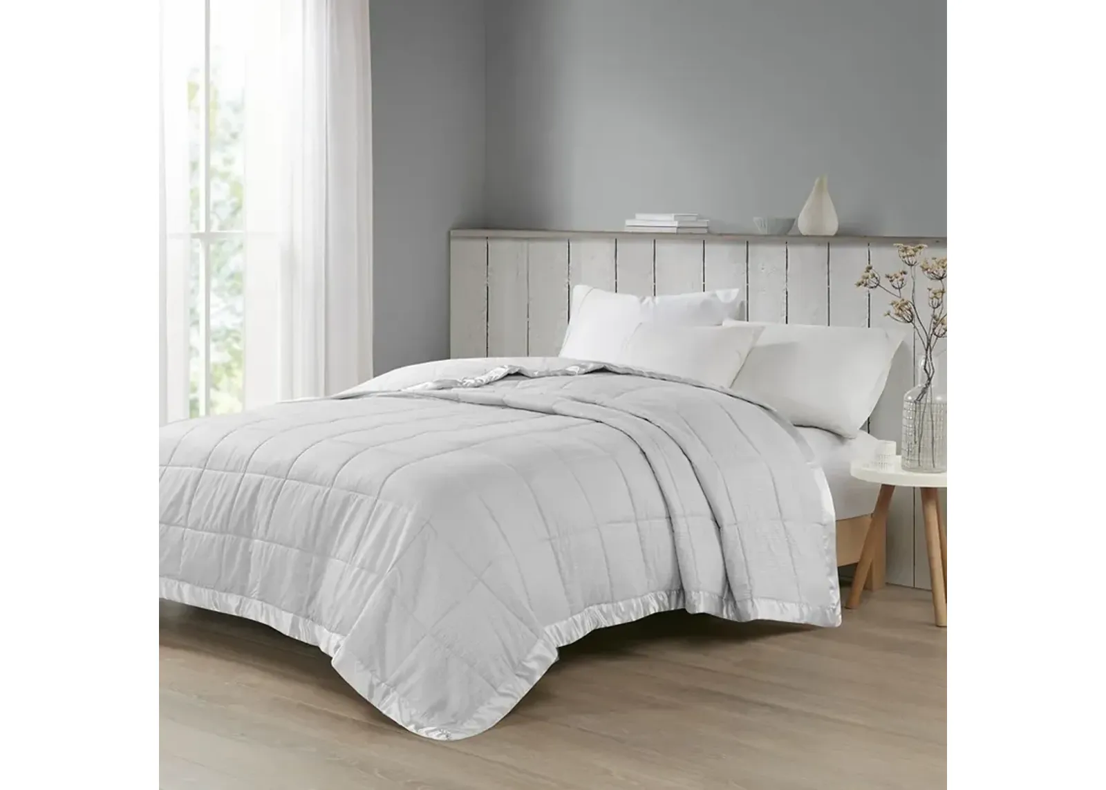 Madison Park Cambria Grey Oversized Down Alternative Blanket with Satin Trim