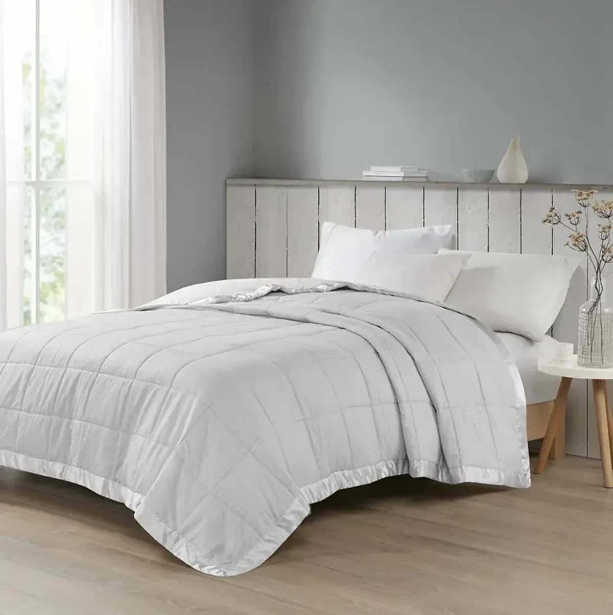 Madison Park Cambria Grey Oversized Down Alternative Blanket with Satin Trim