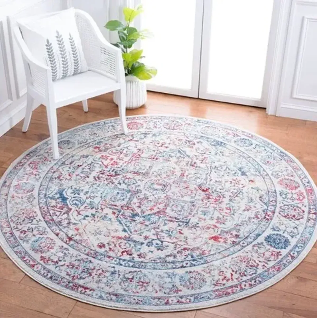 Brentwood 832 Ivory / Blue 3' X 3' Round Round Powerloomed Rug