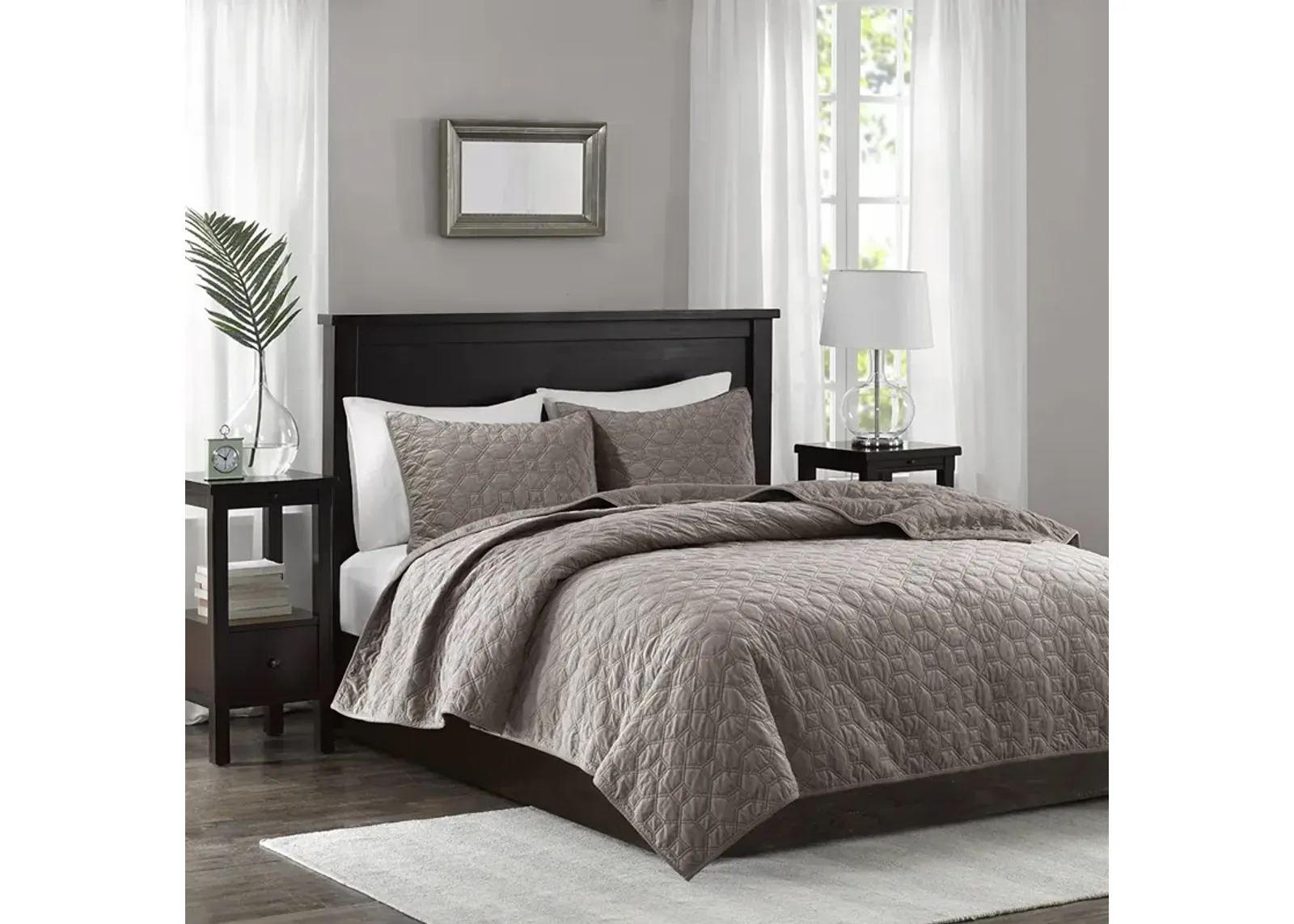 Madison Park Harper Taupe 3 Piece Velvet Quilt Set