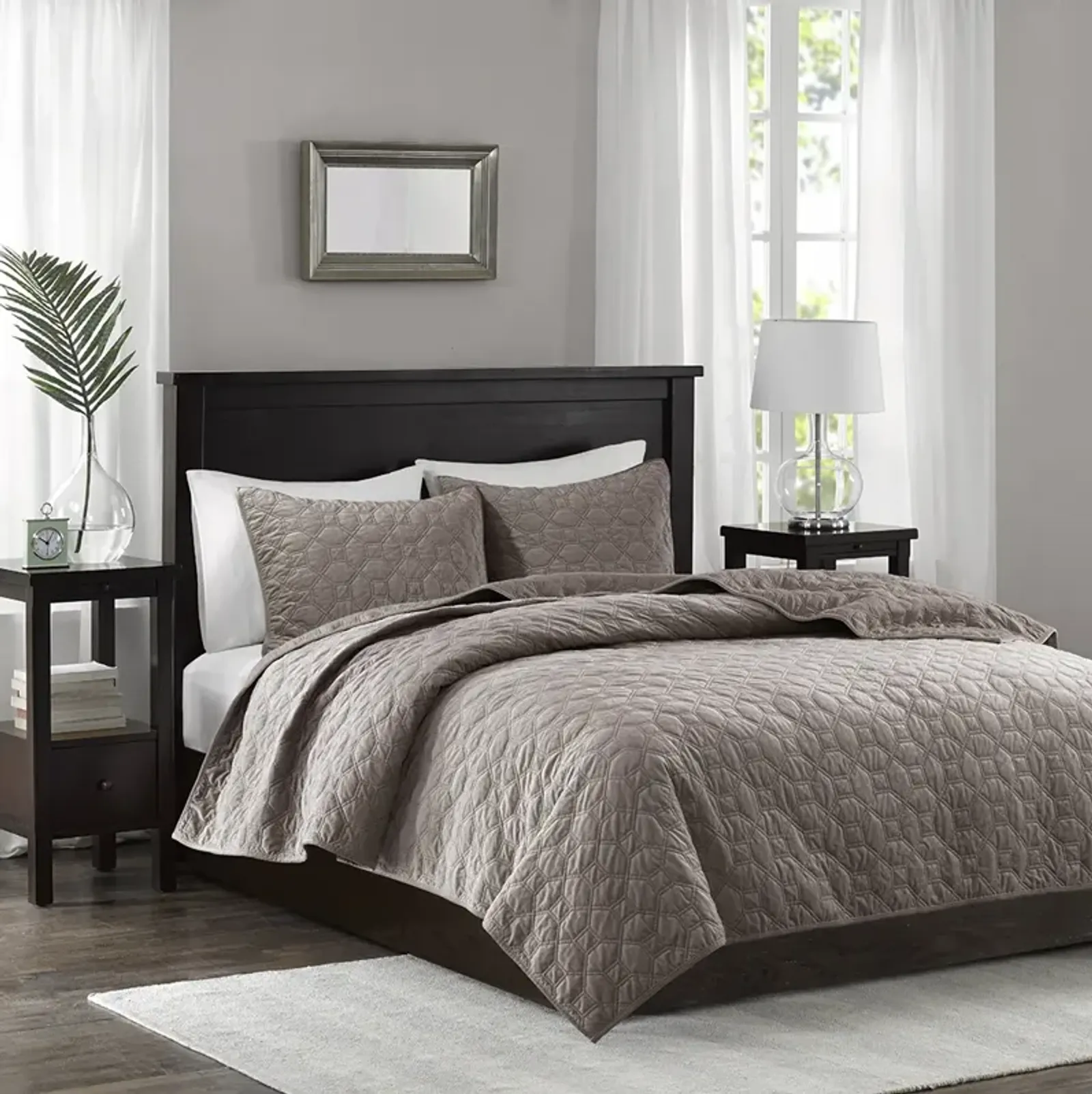 Madison Park Harper Taupe 3 Piece Velvet Quilt Set