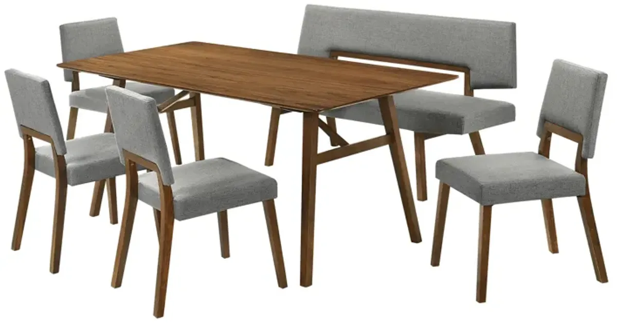 Channell 6 Piece Walnut Wood Dining Table Set with Bench in Charcoal Fabric