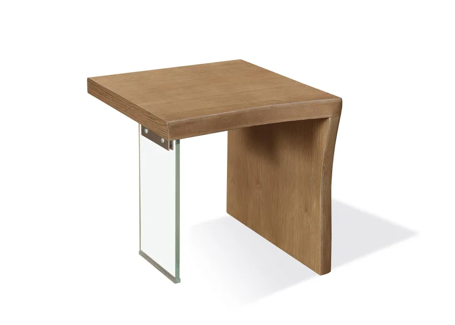 One Live-Edge White Oak and Glass End Table in Bisque