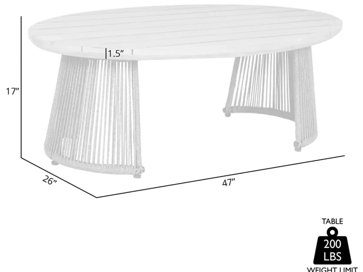 Benicia Outdoor Patio Oval Coffee Table in Weathered Eucalyptus Wood and Gray Rope