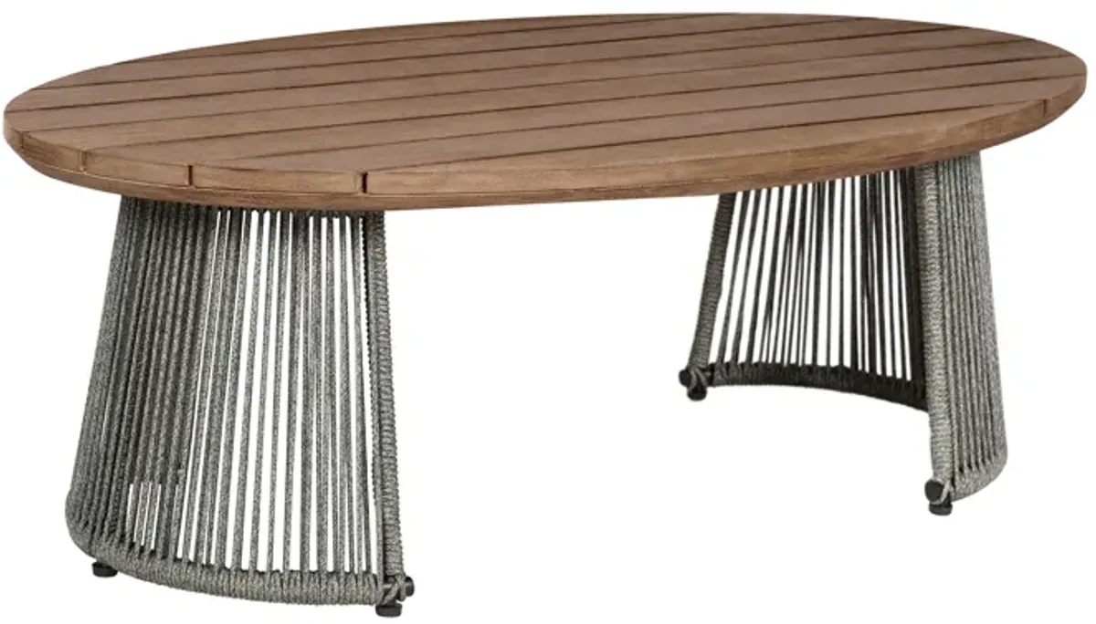 Benicia Outdoor Patio Oval Coffee Table in Weathered Eucalyptus Wood and Gray Rope