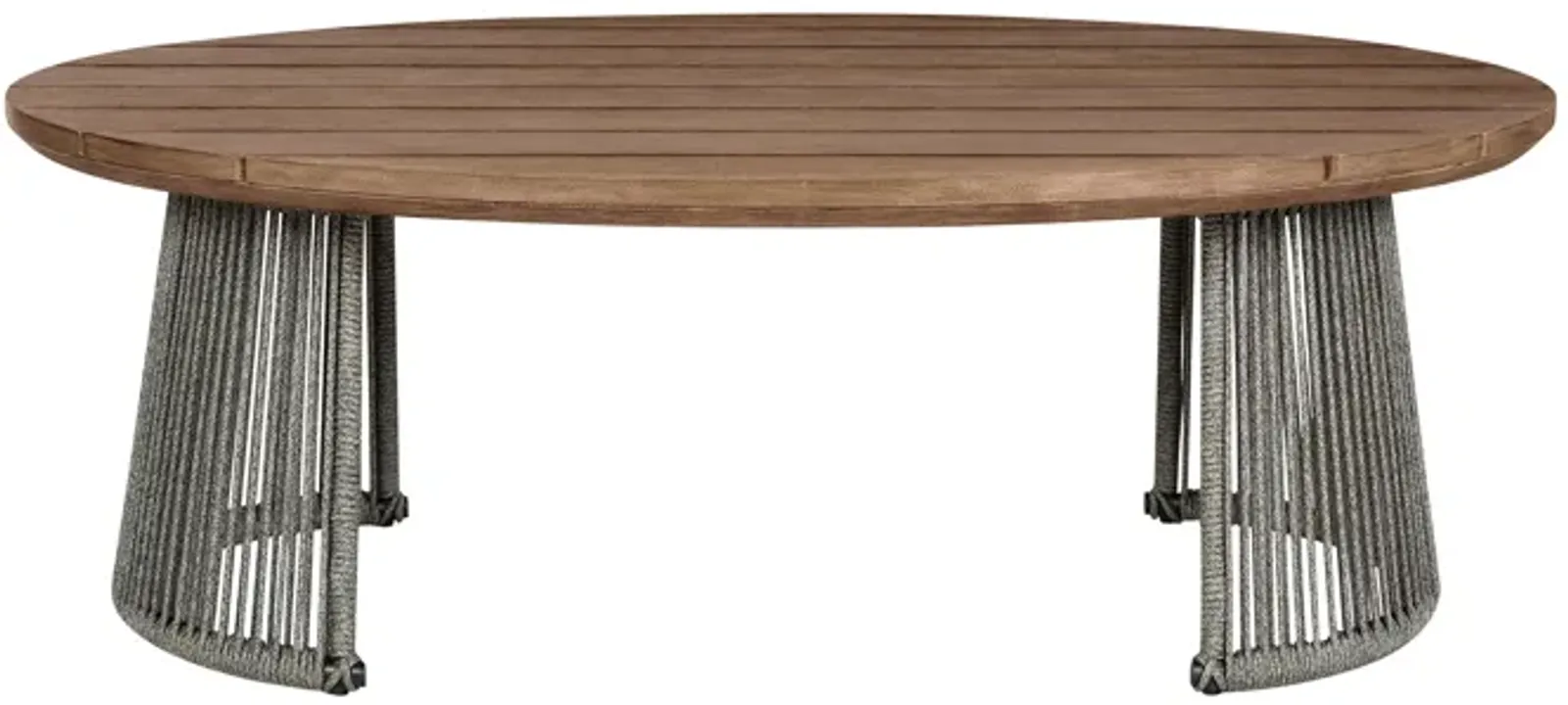 Benicia Outdoor Patio Oval Coffee Table in Weathered Eucalyptus Wood and Gray Rope