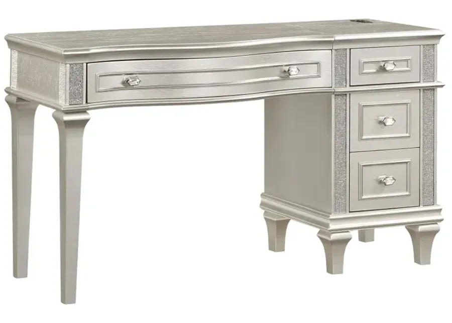 Evangeline 4-drawer Vanity Table with Faux Diamond Trim Silver and Ivory