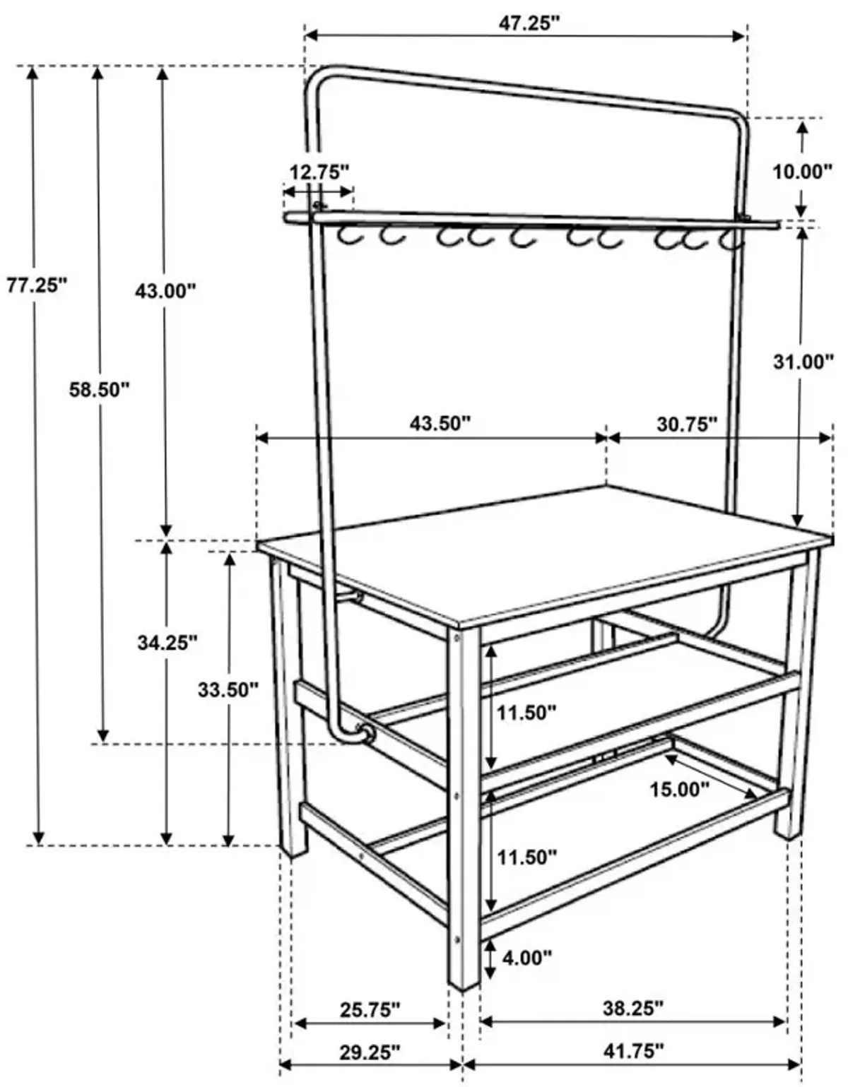 Hollis Kitchen Island Counter Height Table with Pot Rack Brown and White