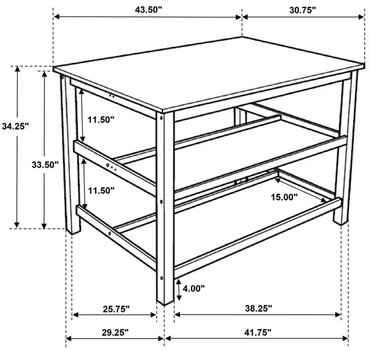 Hollis Kitchen Island Counter Height Table with Pot Rack Brown and White