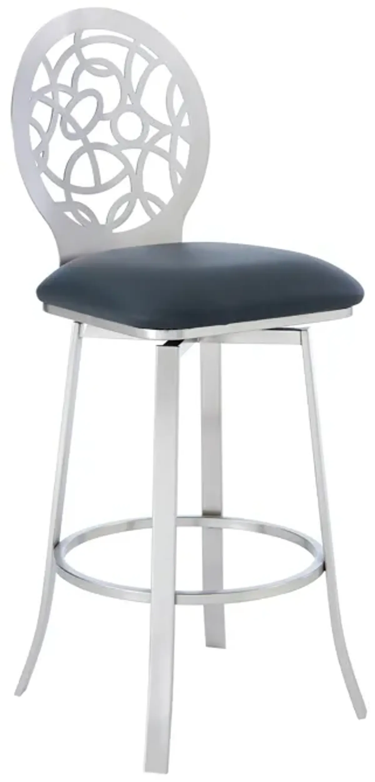 Lotus Contemporary 30" Bar Height Barstool in Brushed Stainless Steel Finish and Gray Faux Leather