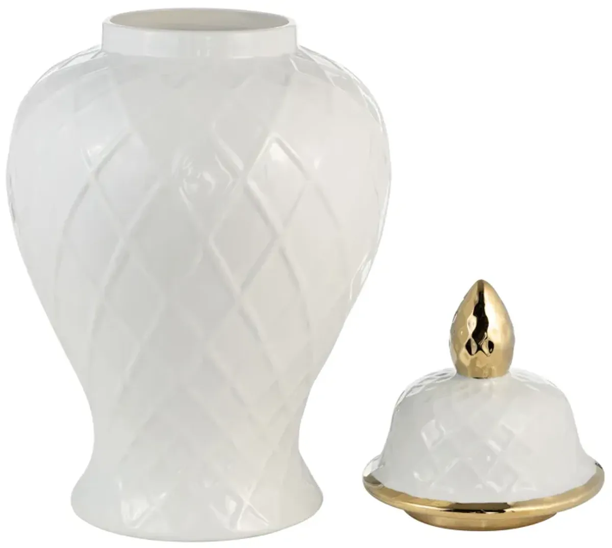 Cer, 20"h Rope Temple Jar, White/gold