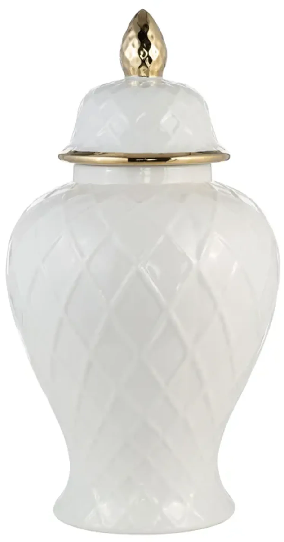 Cer, 20"h Rope Temple Jar, White/gold