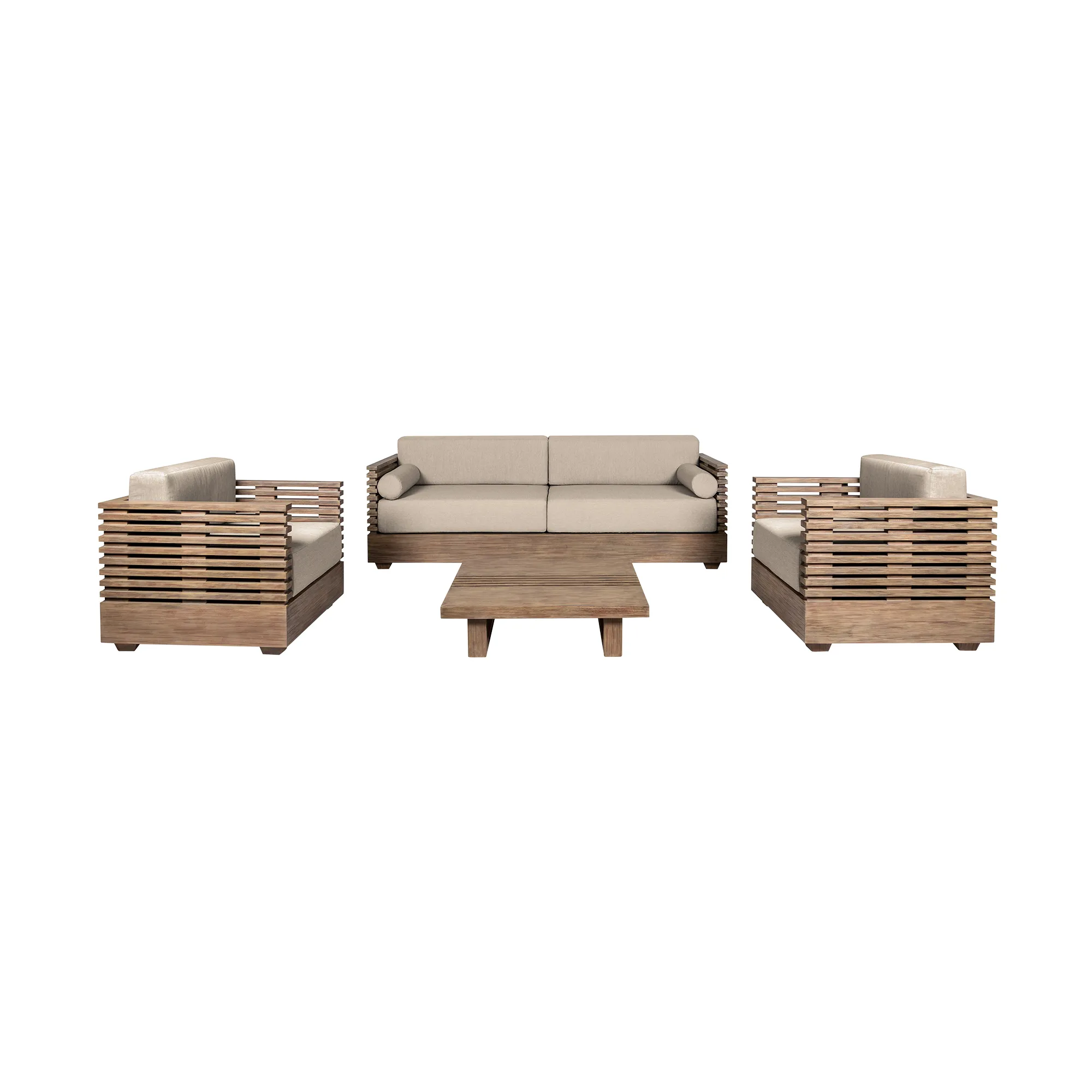 Vivid Outdoor Patio 4 Piece Conversation Set in Light Eucalyptus Wood with Taupe Olefin Cushions 