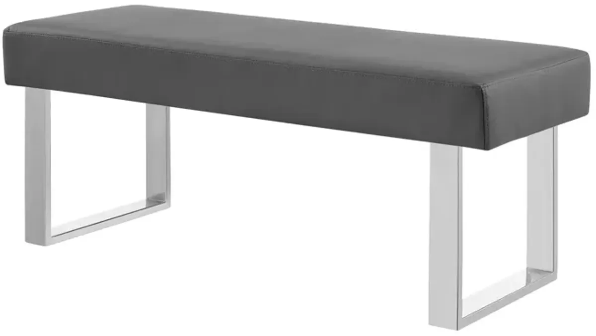 Amanda Contemporary Dining Bench in Gray Faux Leather and Chrome Finish