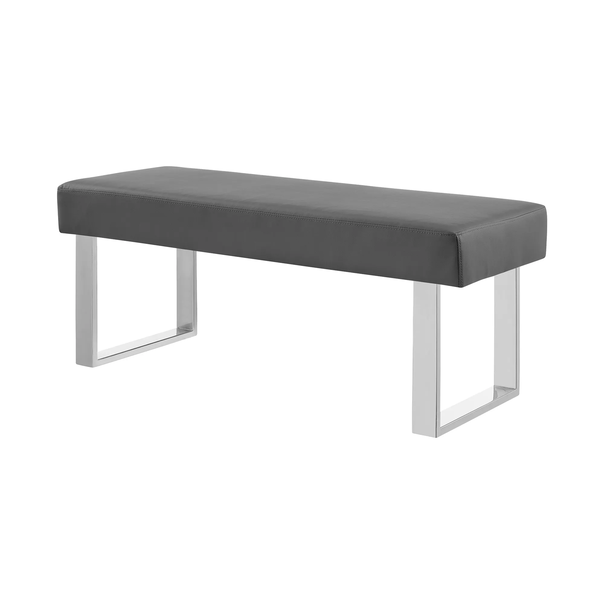 Amanda Contemporary Dining Bench in Gray Faux Leather and Chrome Finish