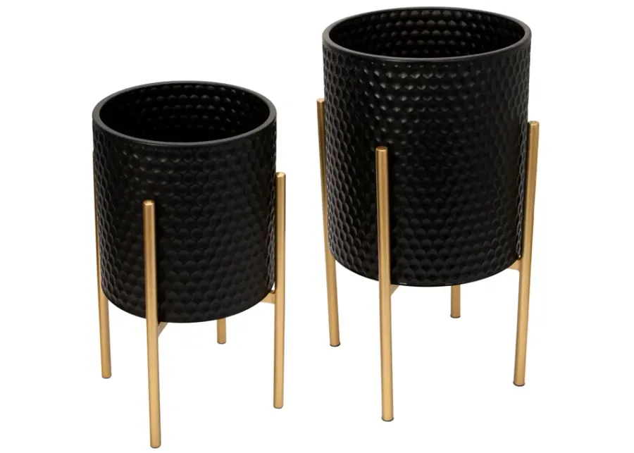 S/2 Honeycomb Planter On Metalstand, Black/gld