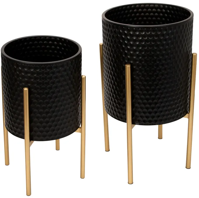 S/2 Honeycomb Planter On Metalstand, Black/gld