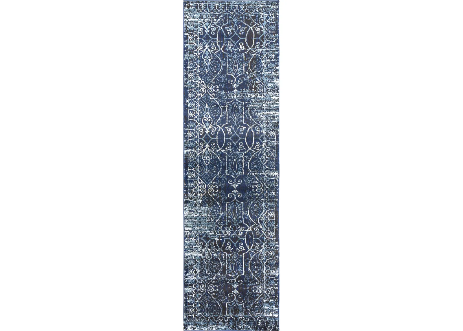 Panache Blue/Ivory Scroll Work Polypropylene 2'3" x 7'7" Runner Rug