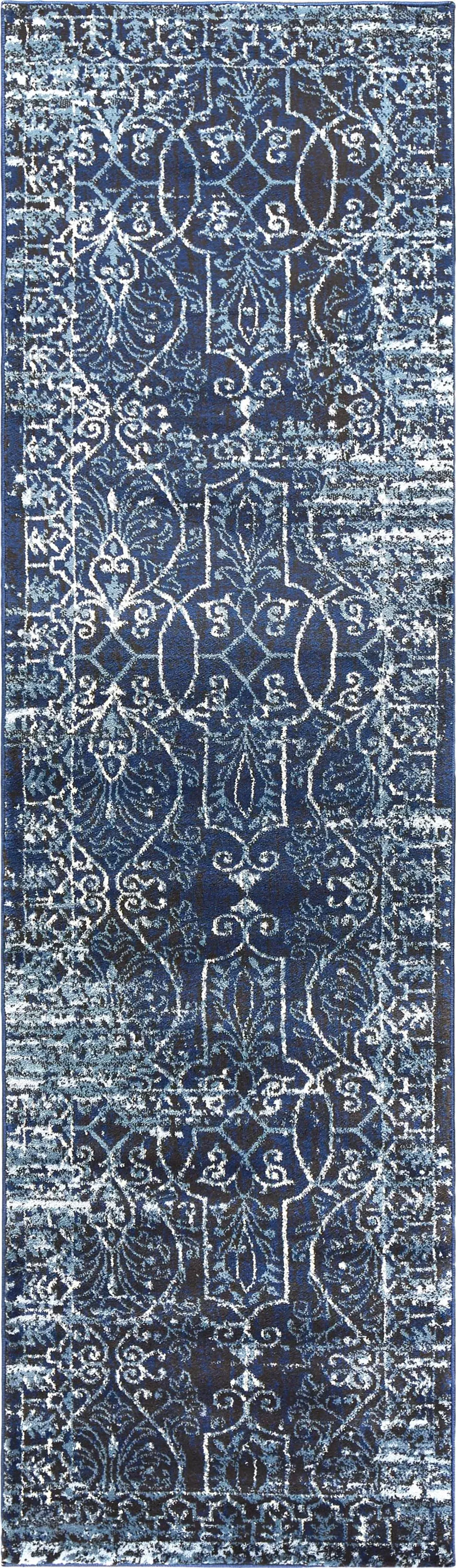 Panache Blue/Ivory Scroll Work Polypropylene 2'3" x 7'7" Runner Rug