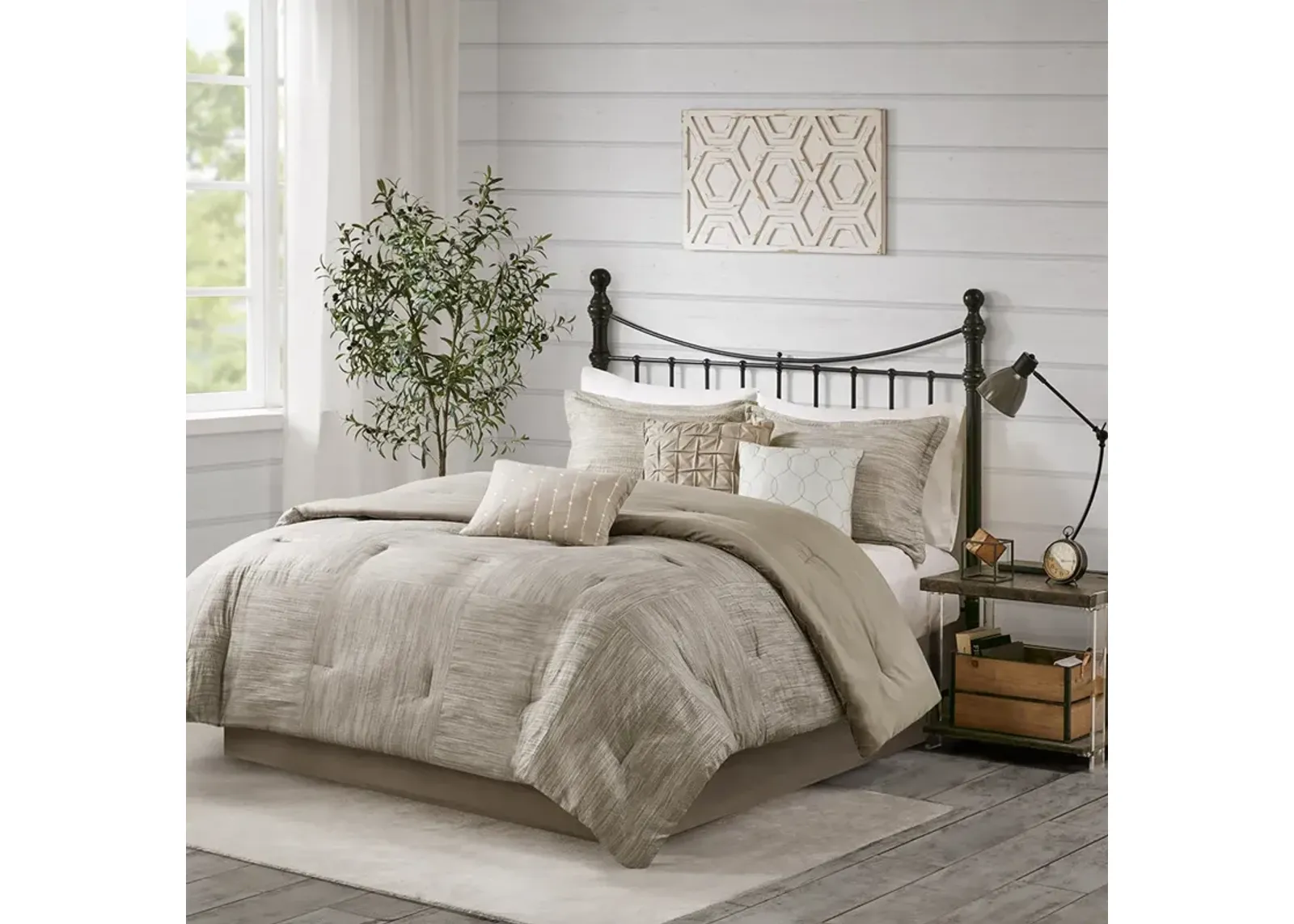 Madison Park Walter Taupe 7 Piece Printed Seersucker Comforter Set