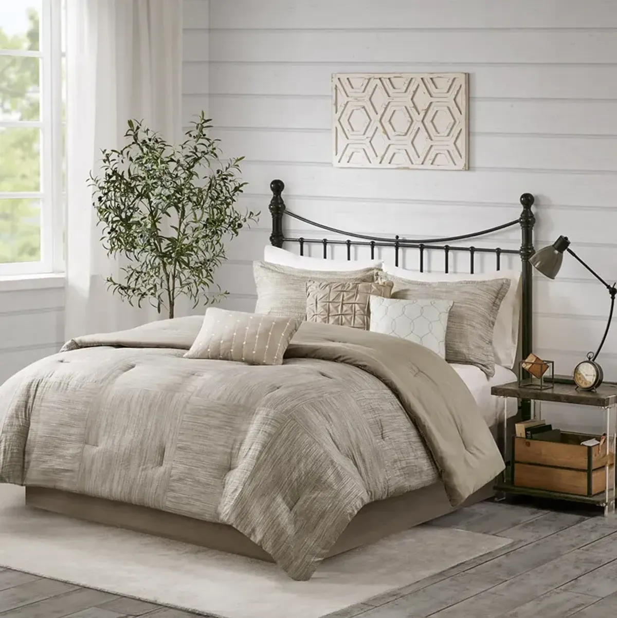 Madison Park Walter Taupe 7 Piece Printed Seersucker Comforter Set