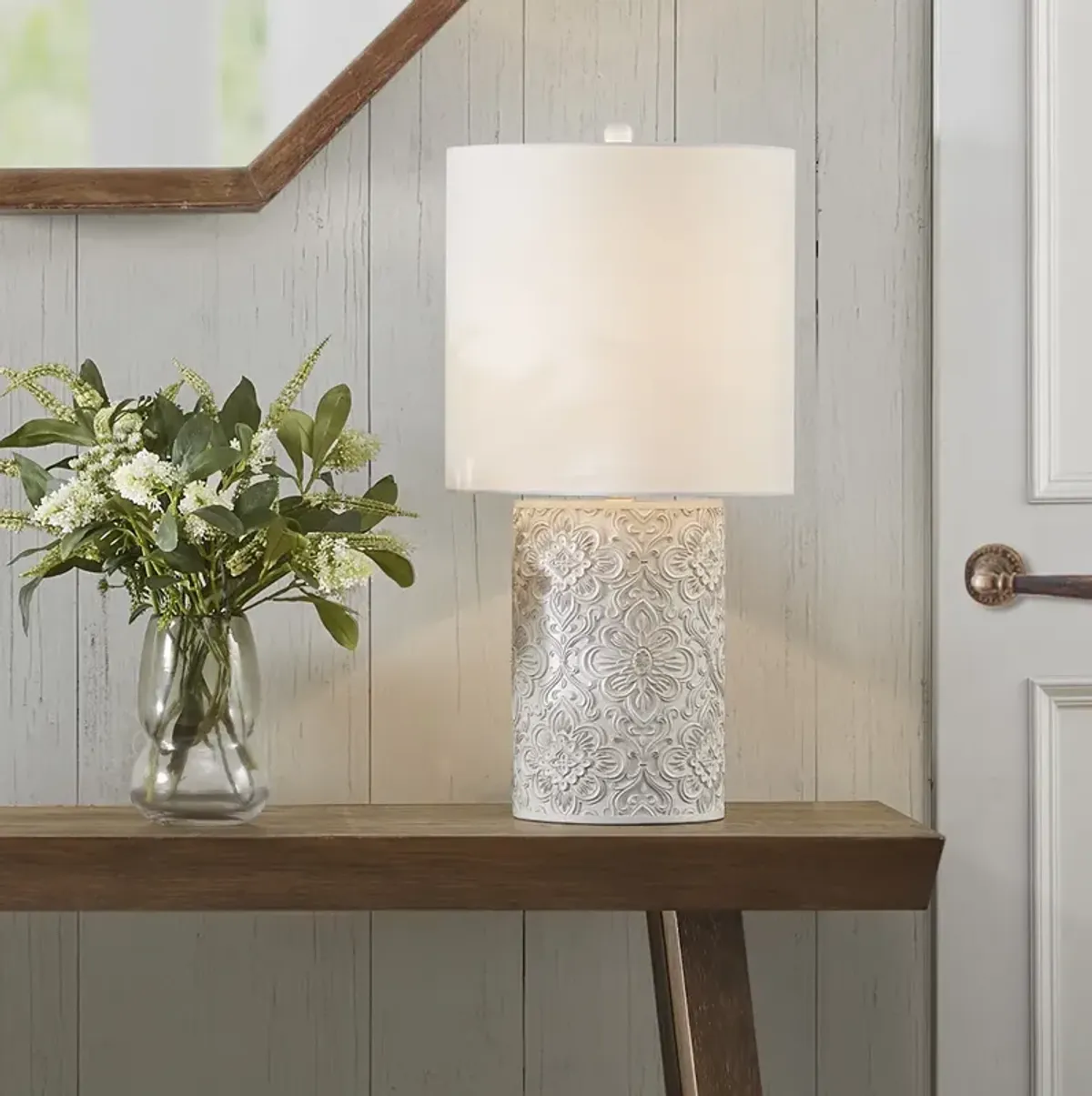 Hampton Hill Ashbourne Ivory Embossed Floral Resin Table Lamp