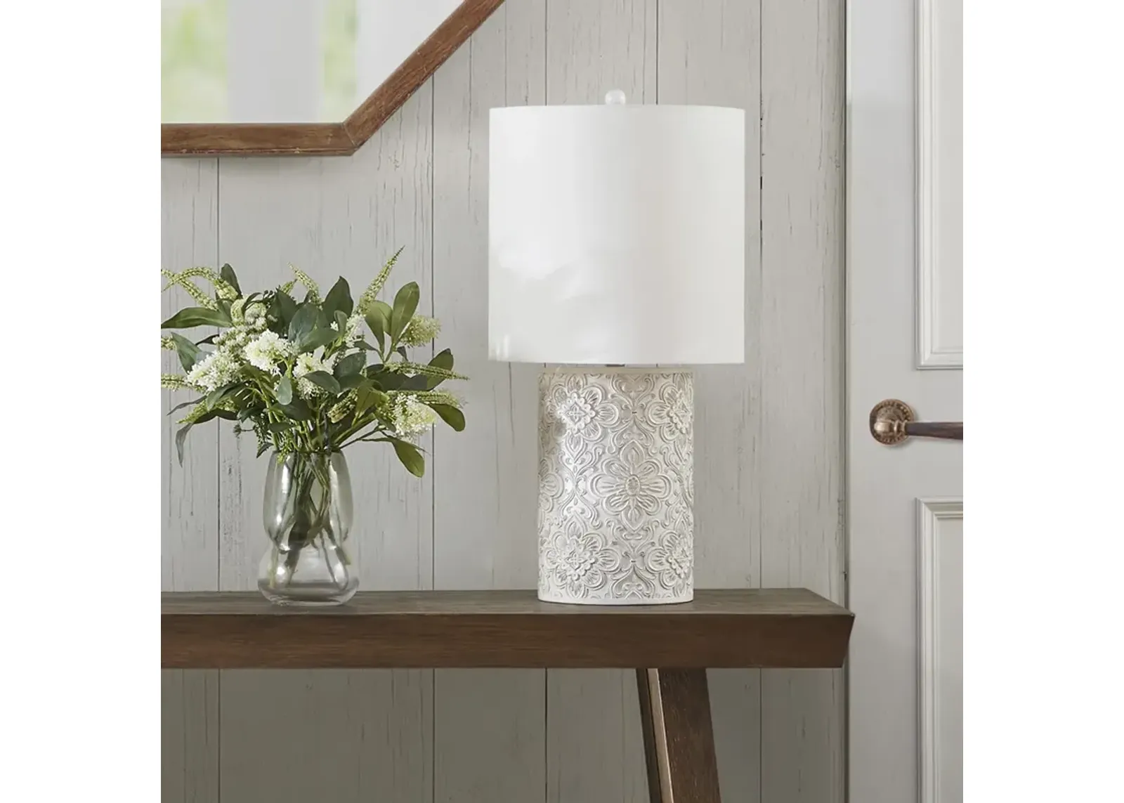 Hampton Hill Ashbourne Ivory Embossed Floral Resin Table Lamp