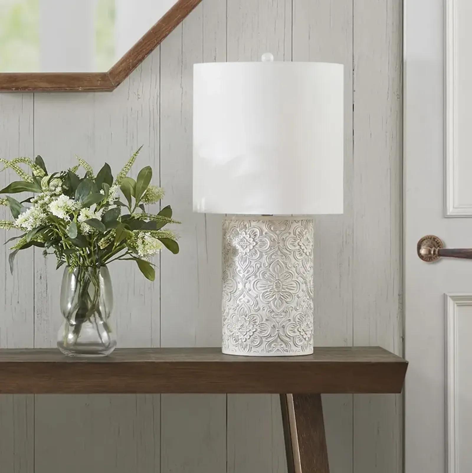 Hampton Hill Ashbourne Ivory Embossed Floral Resin Table Lamp