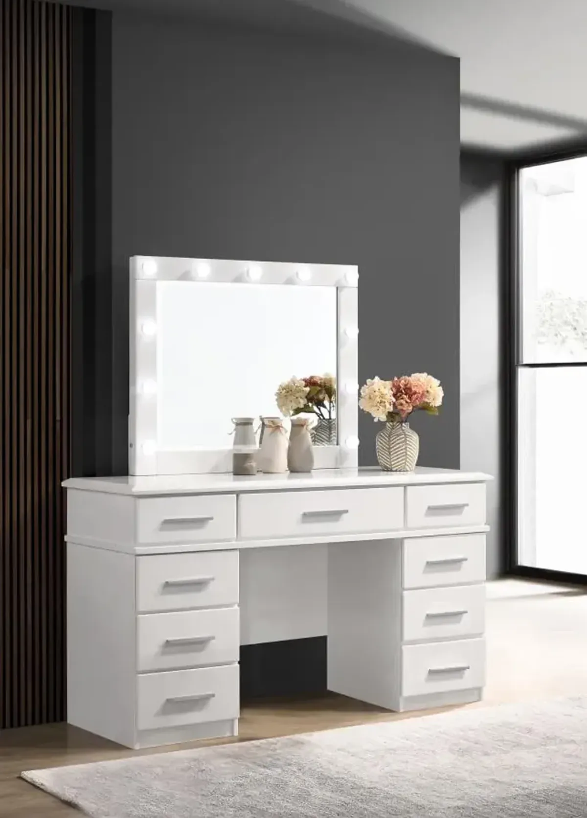 Felicity 9-drawer Vanity Desk with Lighted Mirror Glossy White