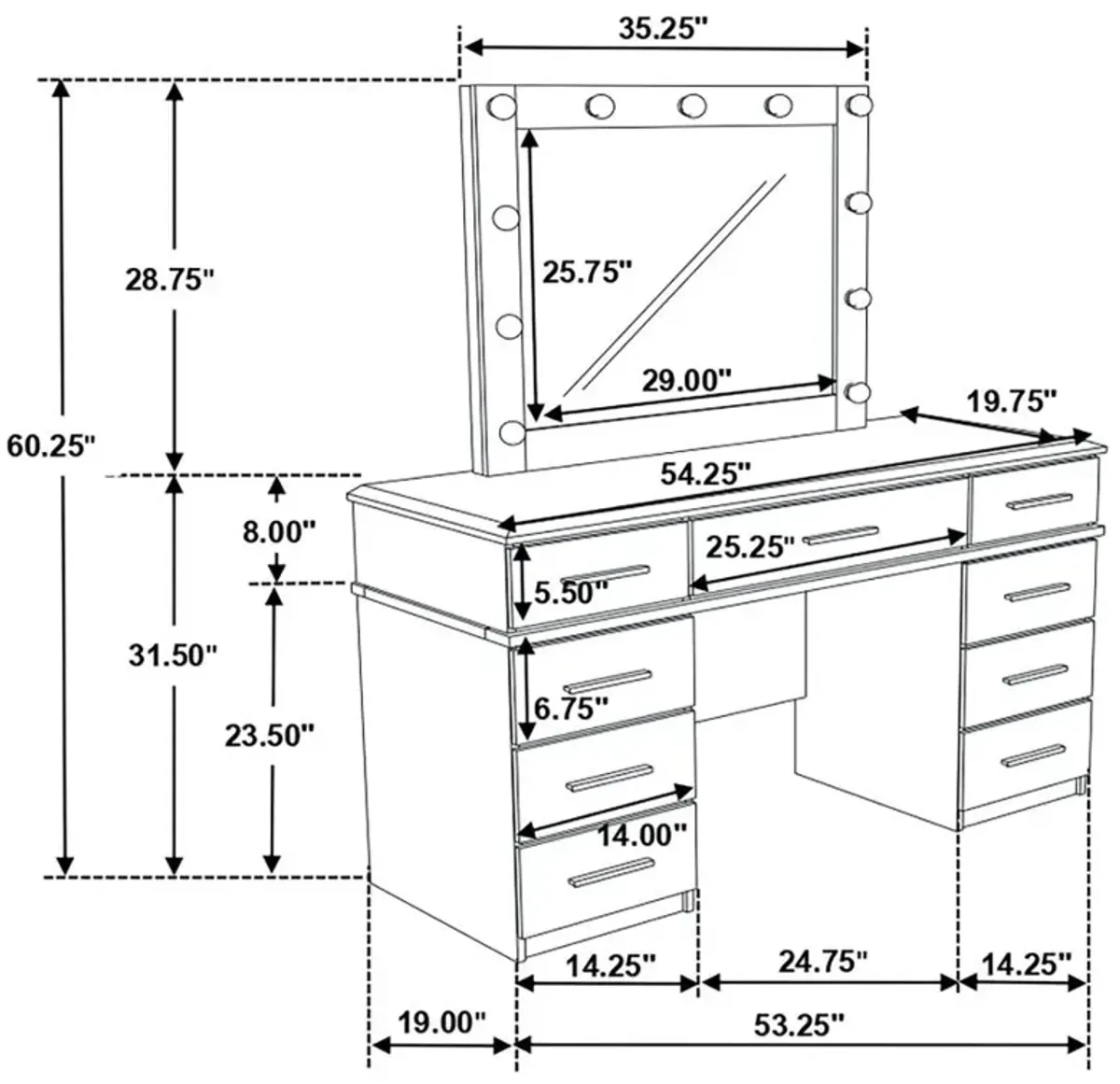 Felicity 9-drawer Vanity Desk with Lighted Mirror Glossy White