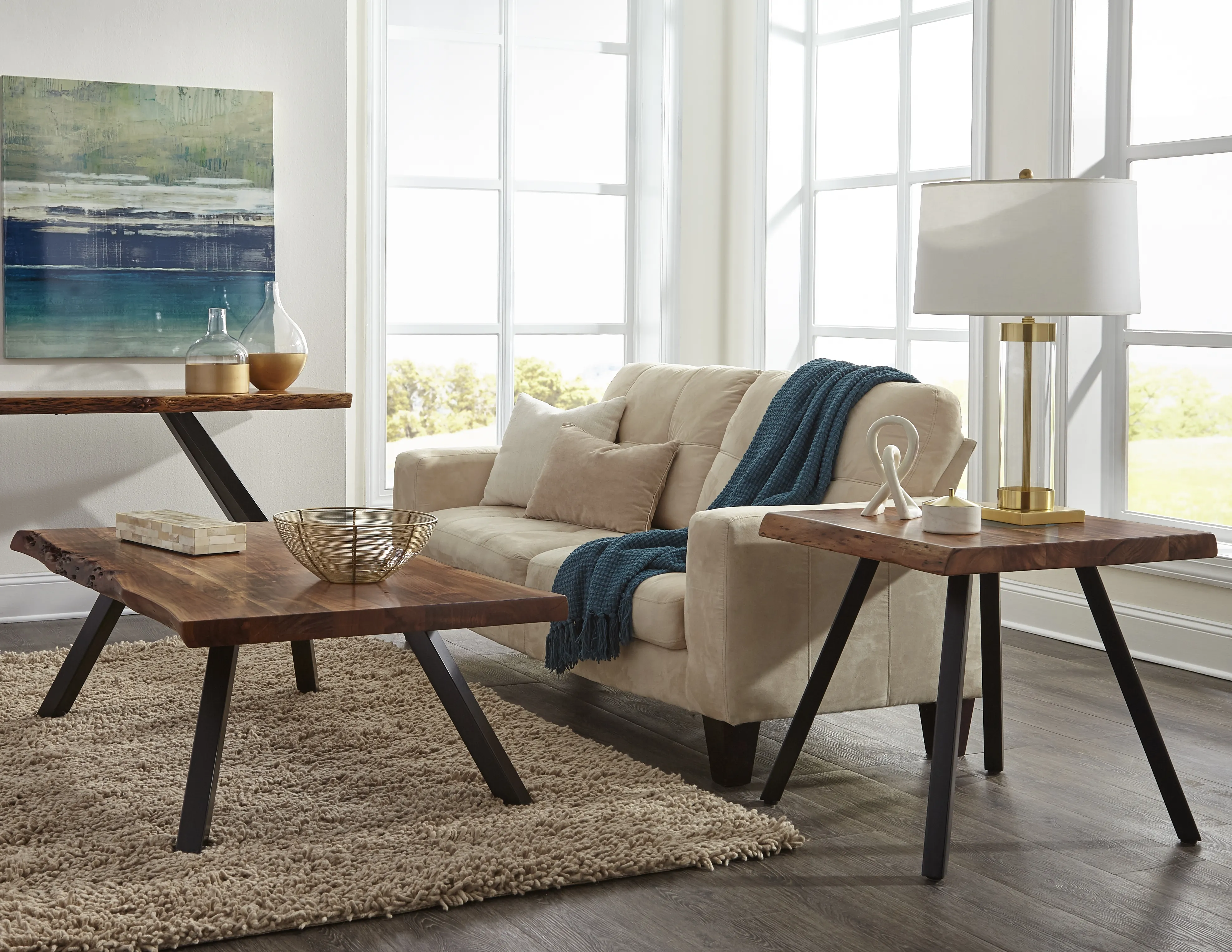 Reese Live Edge Solid Wood Metal Leg Coffee Table in Natural Acacia