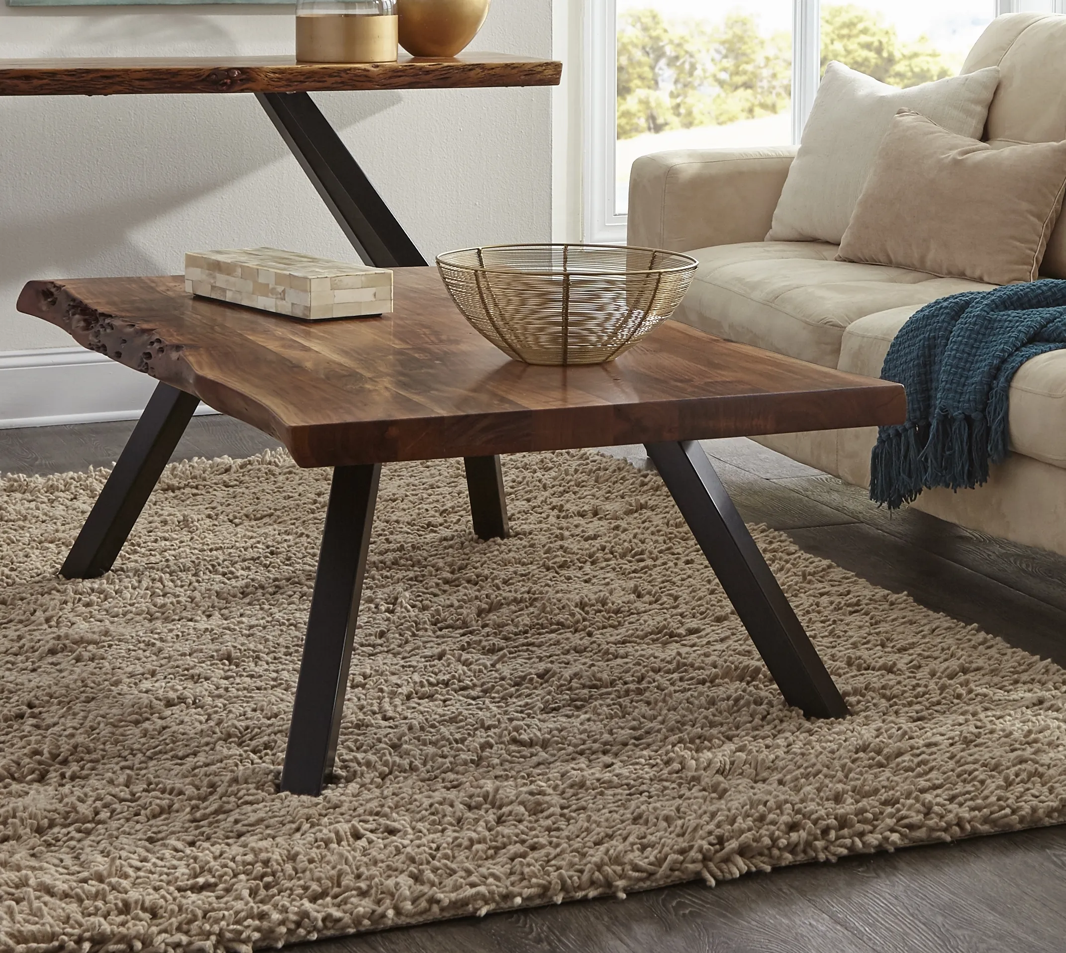 Reese Live Edge Solid Wood Metal Leg Coffee Table in Natural Acacia