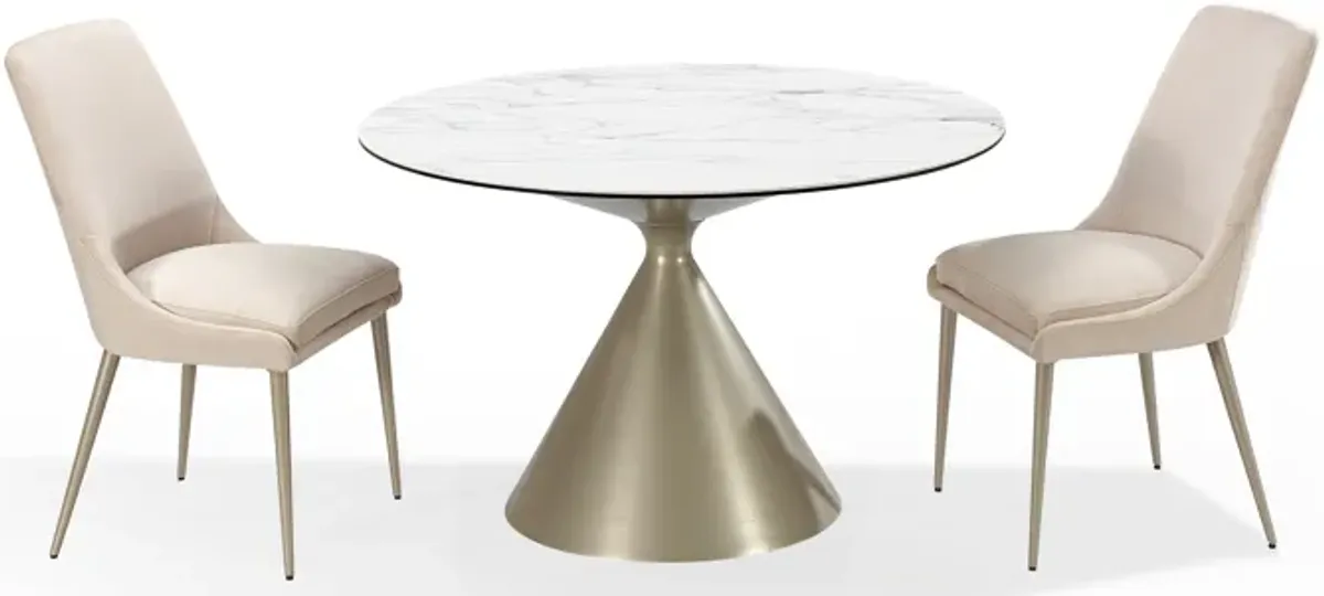 Winston Stone Top Metal Base Round Dining Table in Oat Milk and Champagne