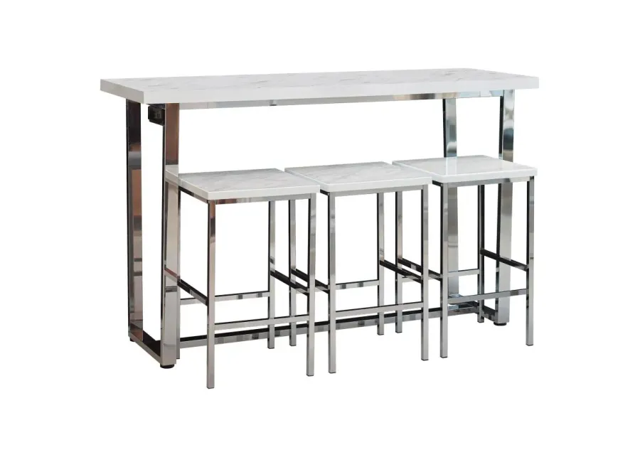 Marmot 4-piece Rectangular Counter Height Set White Marble and Chrome