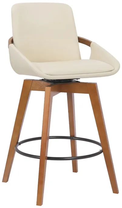 Baylor 26" Cream Faux Leather and Walnut Wood Swivel Bar Stool