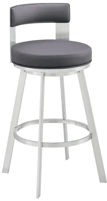 Lynof Swivel Bar Stool in Silver Metal with Gray Faux Leather