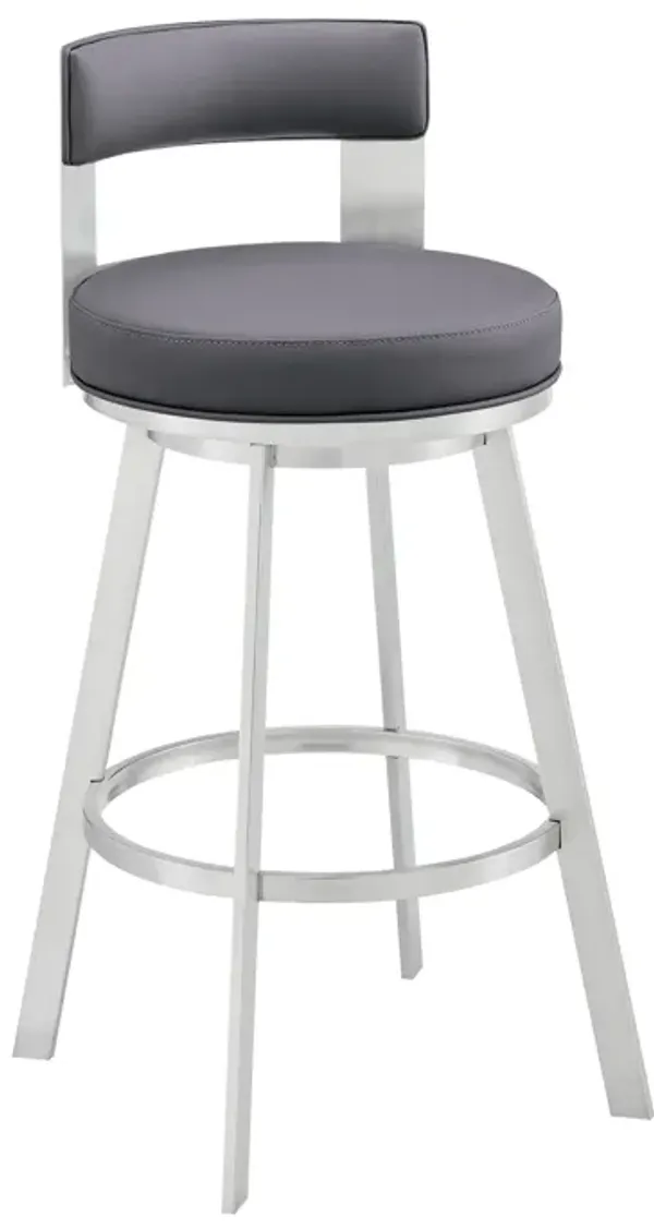 Lynof Swivel Bar Stool in Silver Metal with Gray Faux Leather