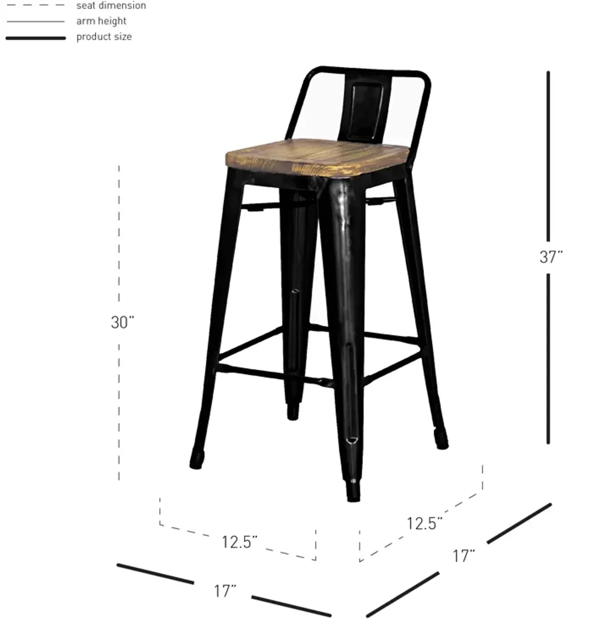 Metropolis Low Back Bar Stool Wood Seat, Black (Set of 4)