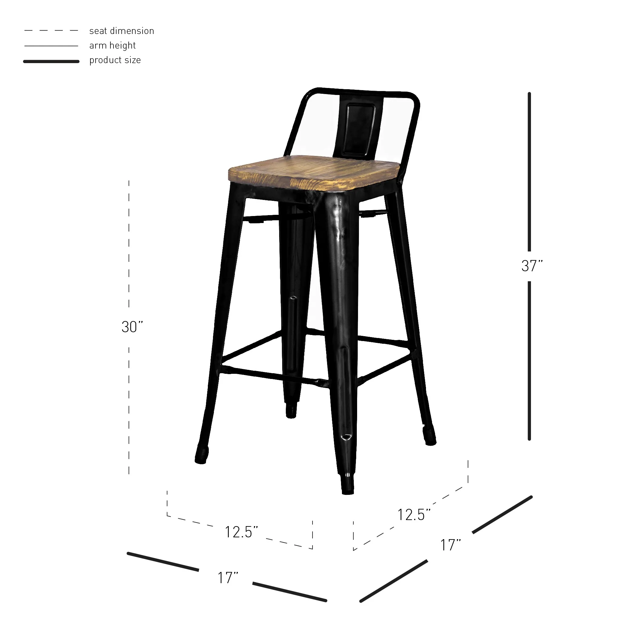 Metropolis Low Back Bar Stool Wood Seat, Black (Set of 4)