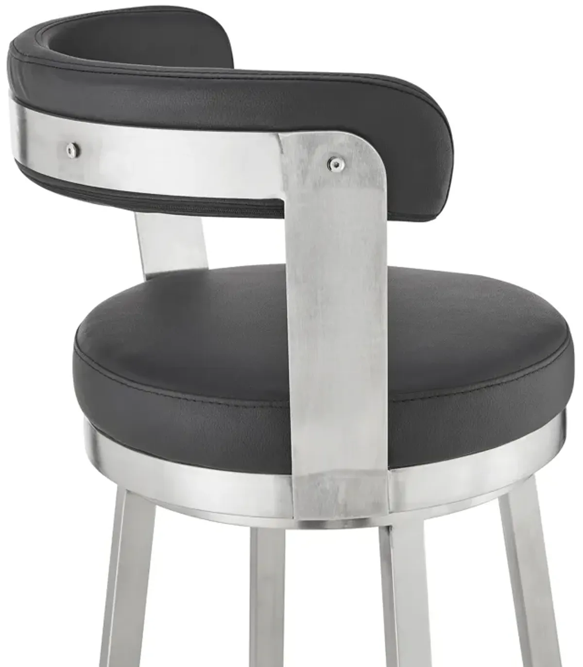 Kobe 30" Bar Height Swivel Bar Stool in Brushed Stainless Steel Finish and Black Faux Leather