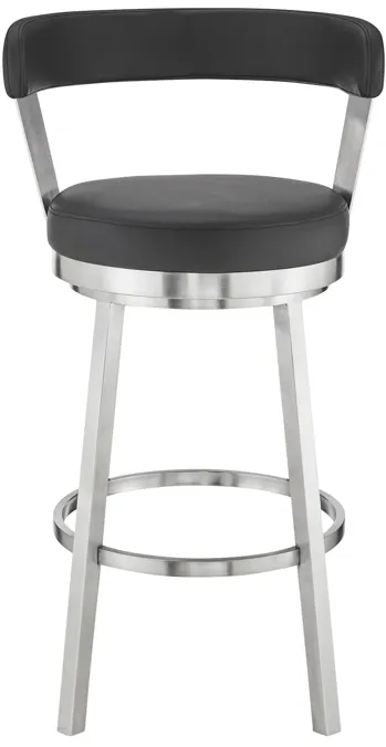 Kobe 30" Bar Height Swivel Bar Stool in Brushed Stainless Steel Finish and Black Faux Leather